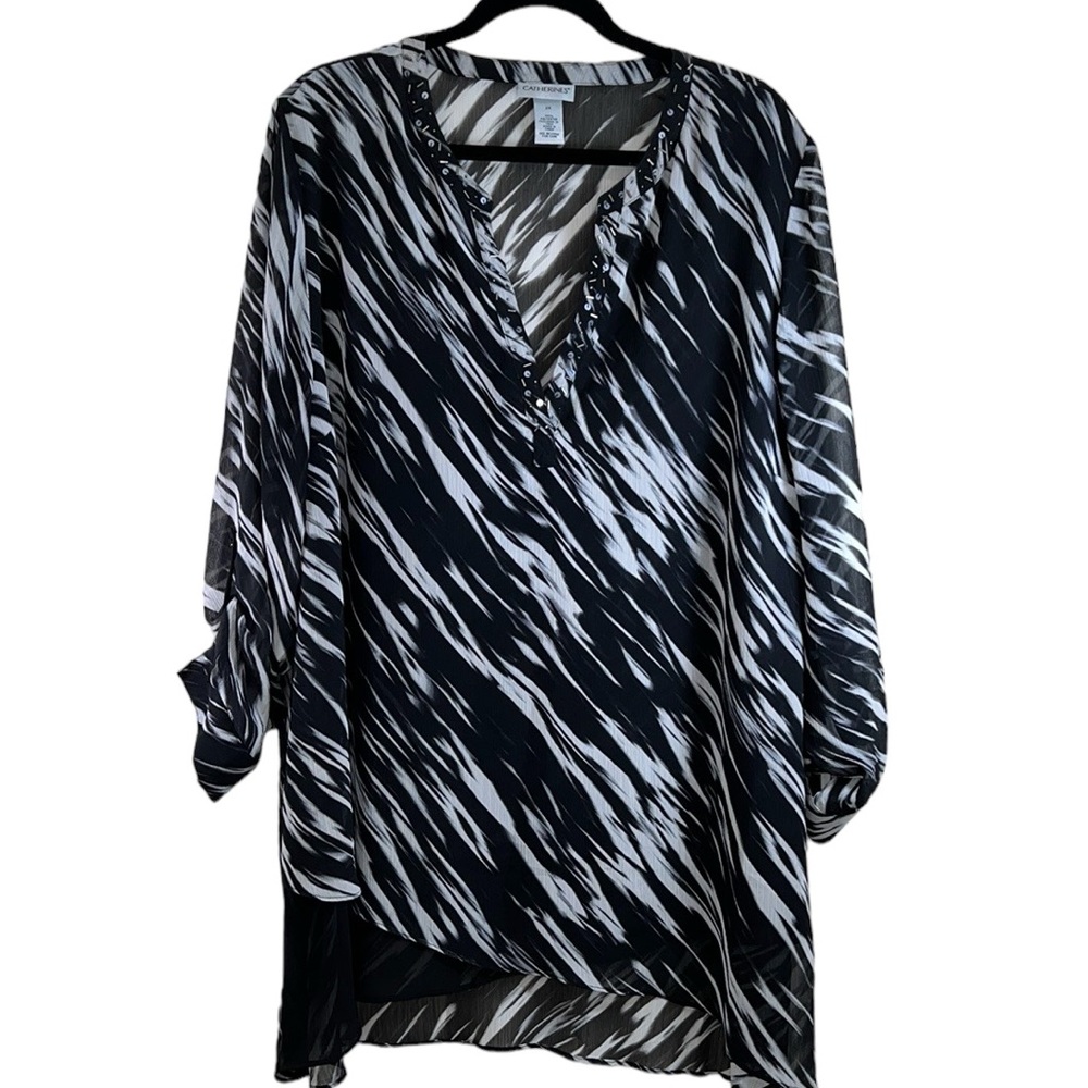 Catherine's V-Neck Black and White Tunic Blouse, Women's 2X